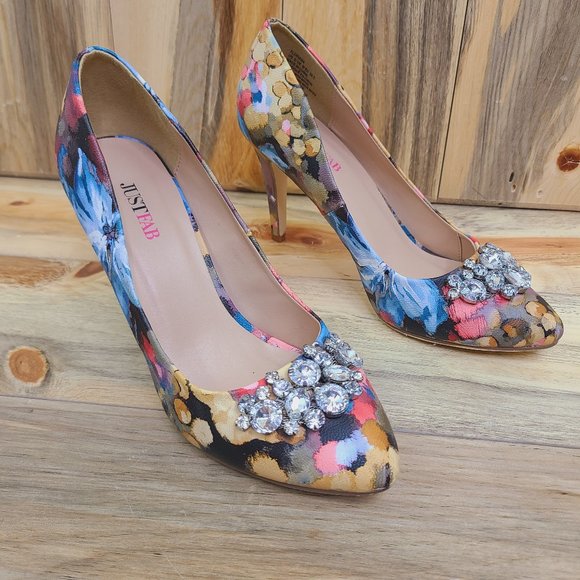 Just Fab Floriana Floral Print Sparkly Heels - Picture 2 of 10